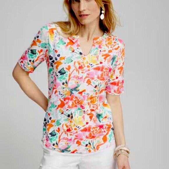 Chico's Abstract Notch Neck Tee Size 2 (12) Like New - Picture 1 of 15